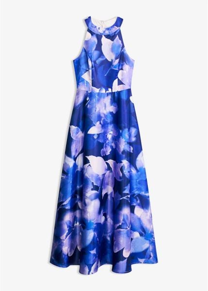 Długa sukienka z połyskującej satyny. Niebieskie sukienki bonprix, bez wzorów, z satyny, bez kołnierzyka, bez ramiączek, maxi, rozkloszowane. Za 299.99 zł.