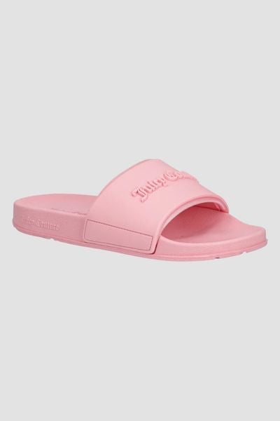JUICY COUTURE Jasno-różowe klapki damskie Embossed Slider, Rozmiar 40. Czerwone klapki Juicy Couture, bez wzorów, bez obcasa. W wyprzedaży za 133.99 zł.