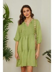 Lin Passion Lniana sukienka w kolorze limonkowym rozmiar: 36/38. Zielone sukienki Lin Passion, na co dzień, bez wzorów, ze lnu, klasyczne, bez kołnierzyka, bez ramiączek, mini, proste. Za 173.99 zł.