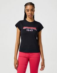 WRANGLER DAMSKA KOSZULKA WRANGLER SHRUNKEN BAND TEE BLACK 112355289. Czarne bluzki Wrangler, xs, bez wzorów, bez kołnierzyka, bez ramiączek. Za 89.99 zł.