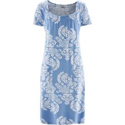Sukienka shirtowa, krótki rękaw bonprix perłowy niebieski z nadrukiem. Niebieskie sukienki bonprix, bez wzorów, bez kołnierzyka, bez ramiączek, mini. Za 59.99 zł.