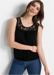 Top z mieszanki wiskozy. Czarne topy bonprix, bez wzorów, z koronki, bez kołnierzyka, bez ramiączek. Za 49.99 zł.