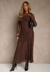 Brązowa Elegancka Sukienka z Koronki z Odkrytymi Plecami Lilafera. Brązowe sukienki Renee, s, bez wzorów, z jeansu, eleganckie, bez kołnierzyka, bez ramiączek. Za 159.99 zł.