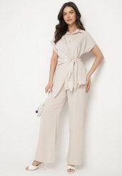 Beżowy Komplet Koszula z Asymetrycznym Wiązaniem i Szerokie Spodnie Filivara. Brązowe koszule Born2be, m, bez wzorów, eleganckie, z asymetrycznym kołnierzem, bez ramiączek. Za 159.99 zł.