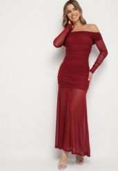 Bordowa Taliowana Sukienka Typu Hiszpanka z Transparentnymi Wstawkami Halacia. Czerwone sukienki Born2be, l, bez wzorów, eleganckie, bez kołnierzyka, bez ramiączek, maxi. Za 189.99 zł.