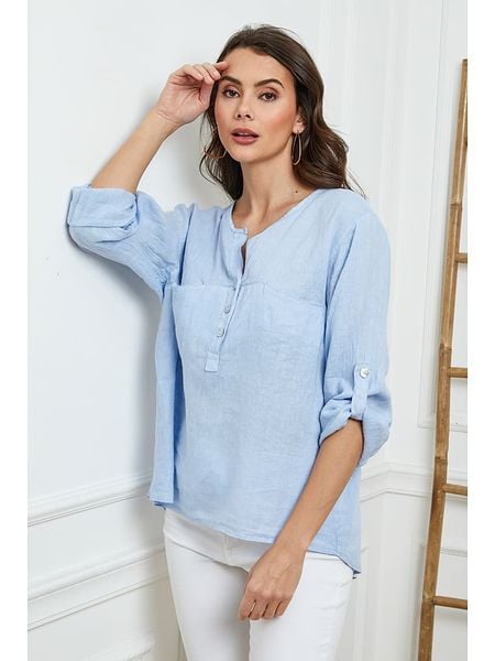 Joséfine Lniana bluzka w kolorze błękitnym rozmiar: XL. Niebieskie bluzki Joséfine, xl, bez wzorów, ze lnu, bez kołnierzyka, bez ramiączek. Za 122.38 zł.