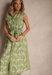 Zielona Sukienka Koszulowa z Wiązanym Paskiem i Haftowanym Zdobieniem Malenea. Zielone sukienki Renee, na co dzień, l, z aplikacjami, z jeansu, eleganckie, bez kołnierzyka, bez ramiączek, maxi, koszulowe. Za 99.99 zł.