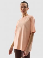 4F T-shirt oversize gładki damski - koralowy XS. Czerwone t-shirty 4f, xs, bez wzorów, z bawełny, bez kołnierzyka, bez ramiączek. W wyprzedaży za 29.99 zł.