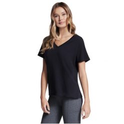 T-shirt sportowy z krótkim rękawem damski Pima V-Neck Tee. Czarne koszulki sportowe Skechers, bez wzorów, z poliesteru, bez ramiączek. Za 119.99 zł.