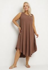 Brązowa Rozkloszowana Sukienka z Bawełną Nairilo. Brązowe sukienki Born2be, na spacer, na lato, xl, bez wzorów, z bawełny, eleganckie, bez kołnierzyka, bez ramiączek, midi, rozkloszowane. Za 74.99 zł.