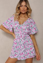 Jasnofioletowy Kombinezon z Dekoltem w Serek z Gumką w Talii i Materiałowym Paskiem Tessanda. Fioletowe sukienki Renee, na co dzień, l, bez wzorów, z materiału, eleganckie, bez kołnierzyka, bez ramiączek, kopertowe. Za 49.99 zł.