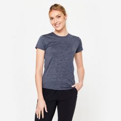 Koszulka fitness damska Domyos krótki rękaw. Szare koszulki sportowe DOMYOS, bez wzorów, z elastanu, bez ramiączek, na fitness i siłownię. Za 34.99 zł.