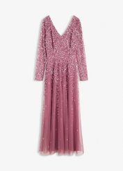 Wieczorowa sukienka maxi z cekinami. Fioletowe sukienki bonprix, bez wzorów, eleganckie, bez kołnierzyka, bez ramiączek, maxi. Za 409.99 zł.