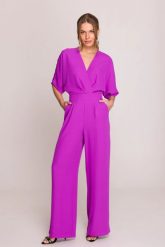Elegancki kombinezon damski z kopertowym dekoltem fioletowy. Fioletowe sukienki Stylove, na imprezę, m, bez wzorów, eleganckie, bez kołnierzyka, bez ramiączek, kopertowe. Za 519.00 zł.