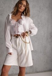 Białe Szorty Bermudy Eleganckie z Paskiem High Waist Rhodissa. Białe szorty Renee, bez wzorów, z materiału, biznesowe, z podwyższonym stanem. Za 119.99 zł.