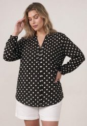 Czarna Koszula z Wiskozy w Kropki z Metaliczną Nitką Ereis. Czarne koszule Born2be, l, bez wzorów, z wiskozy, eleganckie, bez kołnierzyka, plus size, bez ramiączek. Za 99.99 zł.