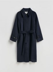 Płaszcz z wełną - granatowy. Niebieskie płaszcze Reserved, l, bez wzorów, z tkaniny, bez kaptura. Za 499.99 zł.