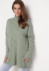 Jasnozielony Oversizowy Sweter Golf z Wiskozą i Ozdobnym Splotem z Przodu Goyanes. Zielone golfy Born2be, bez wzorów, z wiskozy, bez ramiączek. Za 99.99 zł.