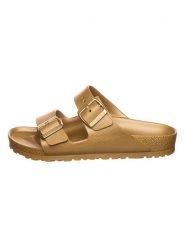 Birkenstock Klapki "Arizona" w kolorze złotym rozmiar: 39. Żółte klapki Birkenstock, bez wzorów, z otwartym noskiem, bez obcasa. Za 214.95 zł.