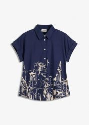 Bluzka oversize z krótkim rękawem z bawełnianej popeliny. Niebieskie bluzki bonprix, bez wzorów, z bawełny, bez kołnierzyka, bez ramiączek. Za 114.99 zł.