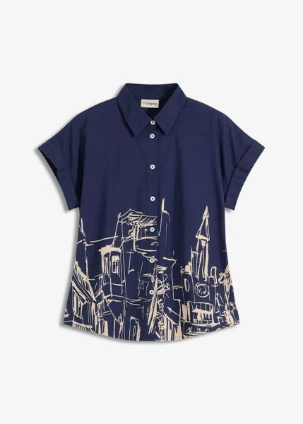 Bluzka oversize z krótkim rękawem z bawełnianej popeliny. Niebieskie bluzki bonprix, bez wzorów, z bawełny, bez kołnierzyka, bez ramiączek. Za 112.99 zł.