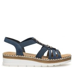 Sandały Rieker. Niebieskie sandały Rieker, bez wzorów, bez obcasa, na koturnie, bez zapięcia. Za 239.99 zł.