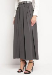 Ciemnoszara Rozkloszowana Spódnica z Szerokimi Plisami i Paskiem w Komplecie Henlitta. Szare spódnice Born2be, s, bez wzorów, eleganckie, maxi, rozkloszowane. Za 149.99 zł.