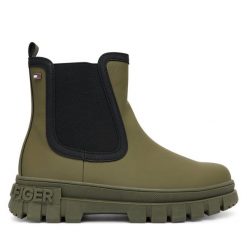 Botki Tommy Hilfiger. Brązowe botki TOMMY HILFIGER, bez wzorów, bez obcasa, na płaskiej podeszwie, bez zapięcia. Za 489.99 zł.