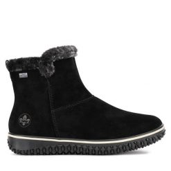 Botki Rieker. Czarne botki Rieker, bez wzorów, bez obcasa, na płaskiej podeszwie, bez zapięcia. Za 279.99 zł.