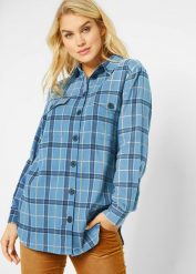 Koszula flanelowa, bardzo ciepła. Niebieskie koszule bonprix, bez wzorów, bez kołnierzyka, bez ramiączek. Za 109.99 zł.
