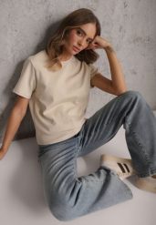 Beżowy Casualowy T-shirt z Bawełny Nealiara. Brązowe t-shirty Renee, m, z aplikacjami, z bawełny, bez kołnierzyka, bez ramiączek. Za 69.99 zł.