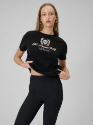 4F T-shirt boxy z nadrukiem damski - czarny M. Czarne t-shirty 4f, m, bez wzorów, z bawełny, bez kołnierzyka, bez ramiączek. Za 69.99 zł.