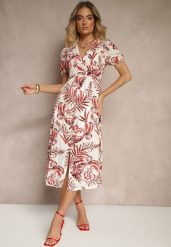 Czerwona Sukienka o Rozkloszowanym Kroju z Dekoltem w Serek w Roślinny Print Evilessa. Czerwone sukienki Renee, na co dzień, l, bez wzorów, eleganckie, bez kołnierzyka, bez ramiączek, midi, rozkloszowane. Za 99.99 zł.