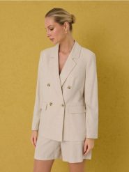 Wiskozowa marynarka dwurzędowa regular fit z domieszką lnu - kremowy. Białe marynarki i żakiety Sinsay, l, bez wzorów, z wiskozy. Za 79.99 zł.