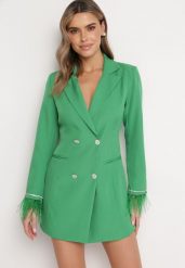 Zielona Sukienka Mini o Fasonie Marynarki z Cyrkoniami Silveria. Zielone sukienki Born2be, m, bez wzorów, bez kołnierzyka, bez ramiączek, mini. Za 189.99 zł.