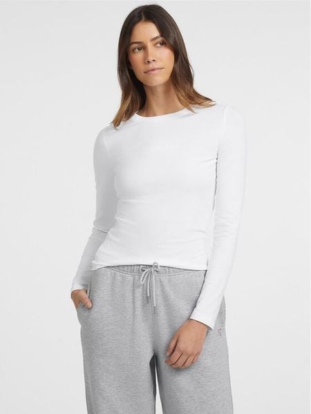Guess Jeans Bluzka W4YI22 J1314 Biały Regular Fit. Białe bluzki Guess Jeans, l, z aplikacjami, z bawełny, bez kołnierzyka, bez ramiączek. Za 137.99 zł.