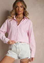 Różowa Koszula Oversize w Prążki Zdobiona Haftem w Serca Nitavela. Czerwone koszule Renee, z aplikacjami, z jeansu, eleganckie, bez kołnierzyka, bez ramiączek. Za 74.99 zł.