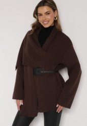 Brązowy Wiskozowy Kardigan z Paskiem i Narzutką Rewedisa. Brązowe kardigany Born2be, bez wzorów, z dzianiny. Za 199.99 zł.