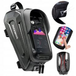 Torba rowerowa Rockbros na ramę z wodoodpornym pokrowcem na telefon 1,7l. Czarne torby na ramię ROCKBROS, z aplikacjami, z materiału, eleganckie, na ramię, duże, matowe, bez dodatków. Za 69.99 zł.