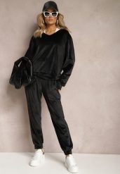 Czarny Komplet Dresowy z Weluru Luźna Bluza z Dekoltem w V i Elastyczne Spodnie z Kieszeniami Esparkia. Czarne bluzy Renee, l, bez wzorów, z dresówki, bez kaptura. Za 109.99 zł.