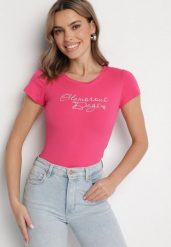 Fuksjowy T-shirt z Bawełny z Ozdobnym Napisem Asemi. Czerwone t-shirty Born2be, m, bez wzorów, z bawełny, bez kołnierzyka, bez ramiączek. Za 29.99 zł.