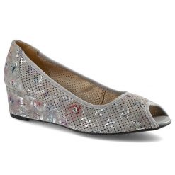 Szare Czółenka Gamis Damskie Buty Na Koturnie. Szare czółenka Gamis, w ażurowe wzory, z otwartym noskiem, bez obcasa, na koturnie, bez zapięcia. Za 169.00 zł.