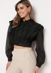 Czarna Koszula o Krótkim Fasonie z Żabotem Rippla. Czarne koszule Born2be, m, bez wzorów, eleganckie, bez kołnierzyka, bez ramiączek. Za 64.99 zł.