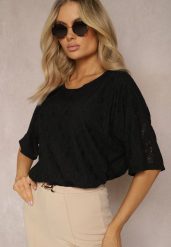 Czarna Koronkowa Bluzka z Krótkim Rękawkiem Ulalia. Czarne bluzki Renee, m, bez wzorów, z koronki, eleganckie, bez kołnierzyka, bez ramiączek. W wyprzedaży za 41.99 zł.