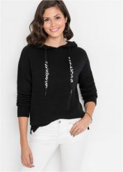 Sweter z kapturem. Brązowe swetry bonprix, bez wzorów, bez ramiączek. Za 119.99 zł.
