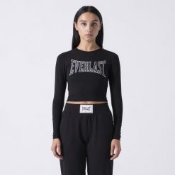 Ikoniczna Koszulka Ze Zwiekami Dlugimi Rekawami Czarny Bawelna, Elastan. Czarne bluzki EVERLAST, bez wzorów, z bawełny, bez kołnierzyka, bez ramiączek. Za 164.65 zł.