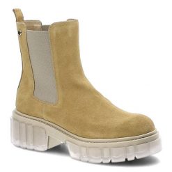 Botki damskie Lemar, wykonane ze skóry zamszowej z elastycznymi panelami bocznymi masywną podeszwą z tworzywa i pętelką z tyłu cholewki, piaskowe, 30. Żółte botki Lemar, bez wzorów, z jeansu, bez obcasa, na platformie, bez zapięcia. Za 280.99 zł.