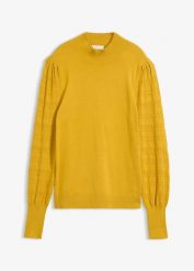 Cienki sweter z ażurem. Żółte swetry bonprix, w ażurowe wzory, bez ramiączek. Za 124.99 zł.
