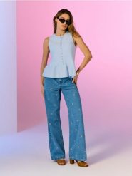 Jeansy wide leg z haftem - niebieski. Niebieskie jeansy Sinsay, l, bez wzorów. Za 79.99 zł.