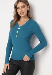 Niebieski Sweter z Bawełną z Prążkowanego Materiału Ozdobiony Guzikami Zinfera. Niebieskie swetry Born2be, uniwersalny, bez wzorów, z bawełny, bez ramiączek. Za 44.99 zł.